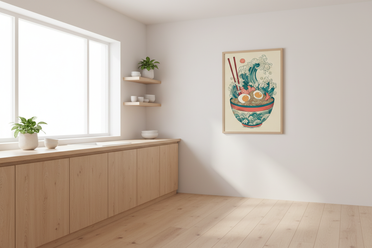 Japandi køkken med japansk plakat
