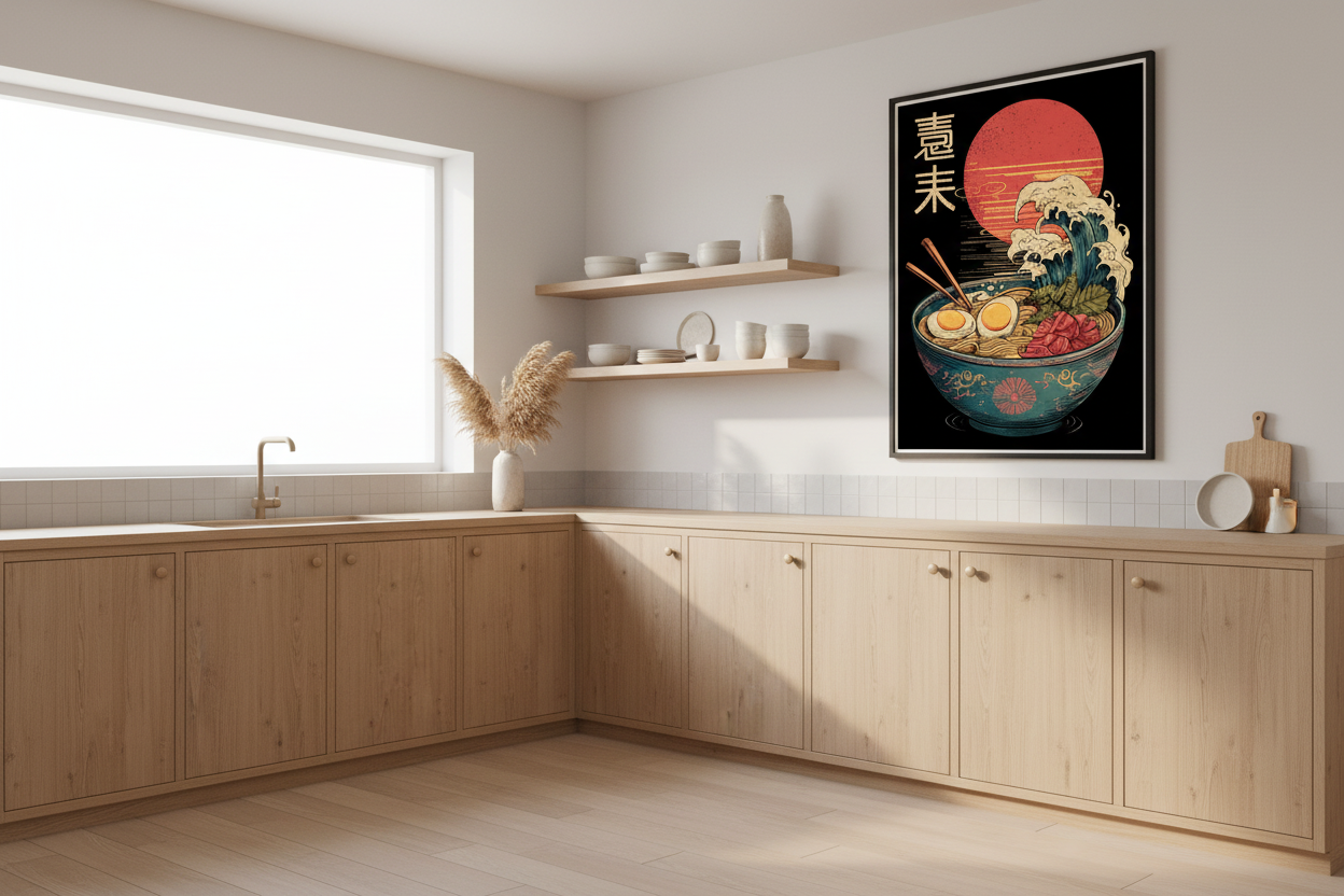 Japandi køkken med japansk plakat