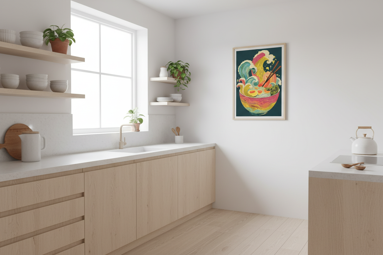 Japandi køkken med japansk plakat