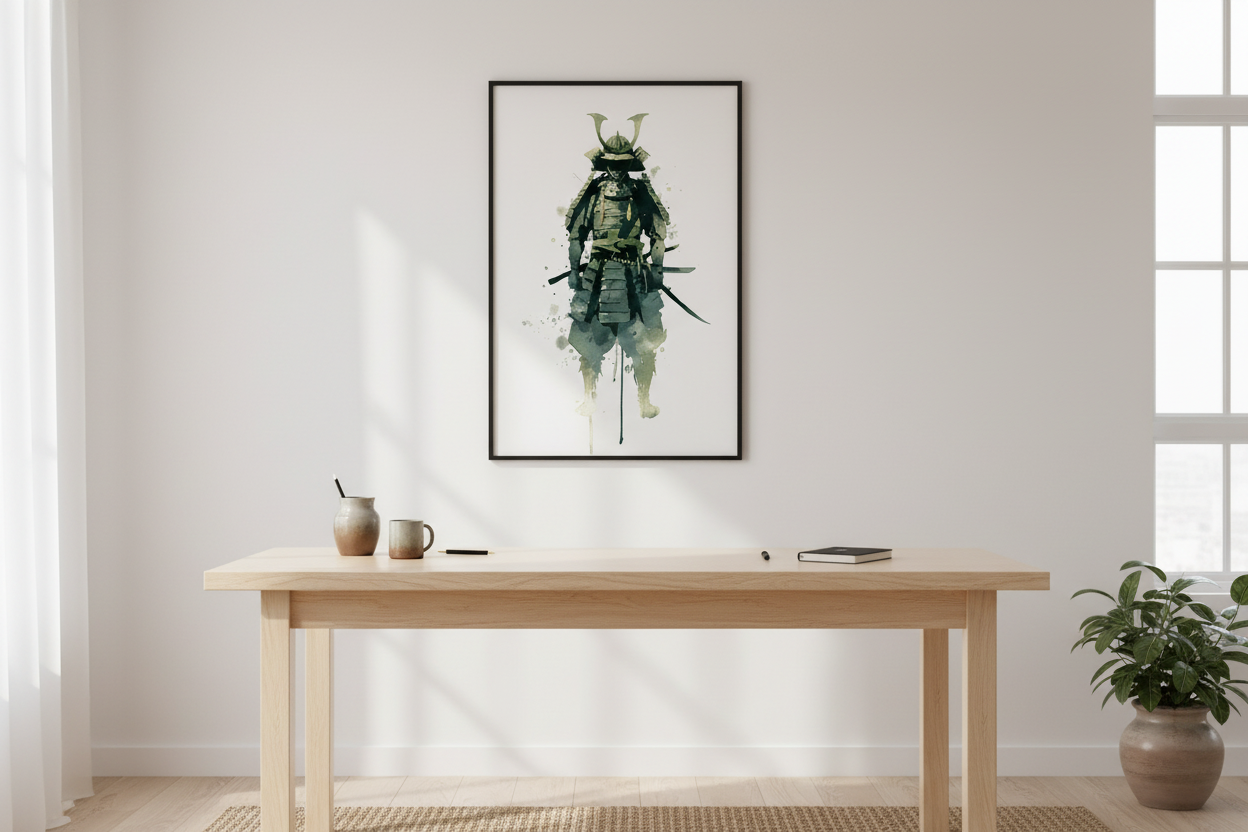 Japandi kontor med japansk plakat