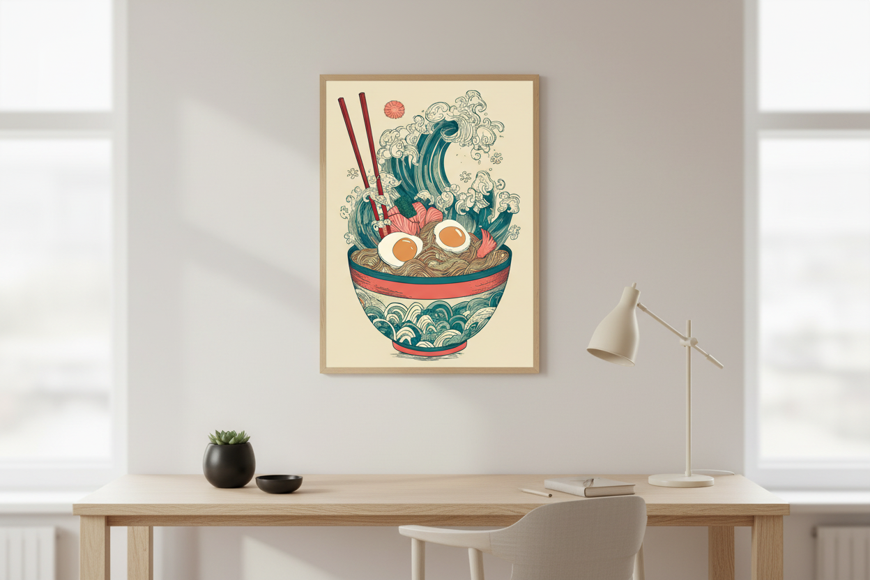 Japandi kontor med japansk plakat