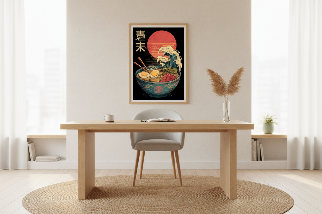 Japandi kontor med japansk plakat