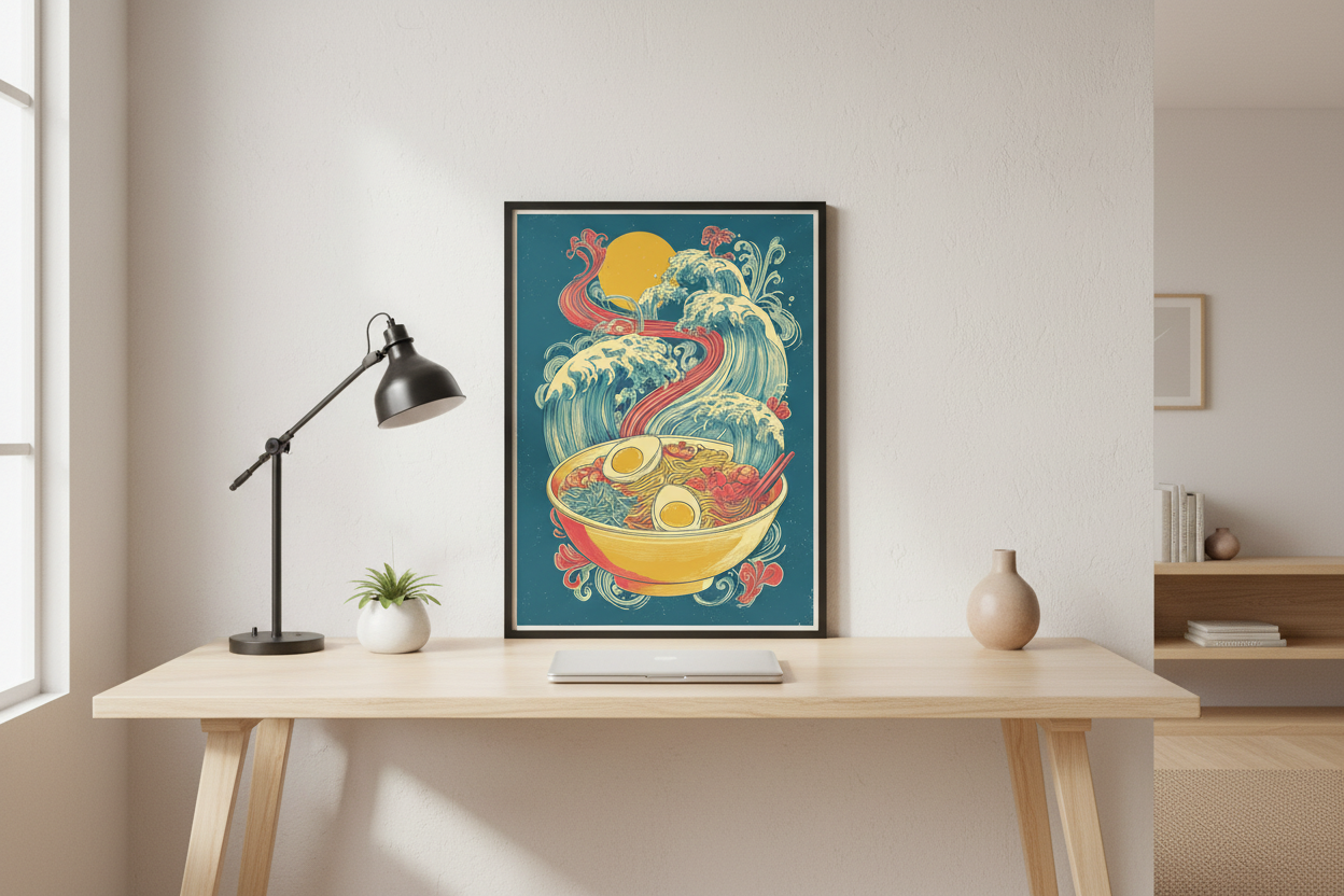 Japandi kontor med japansk plakat