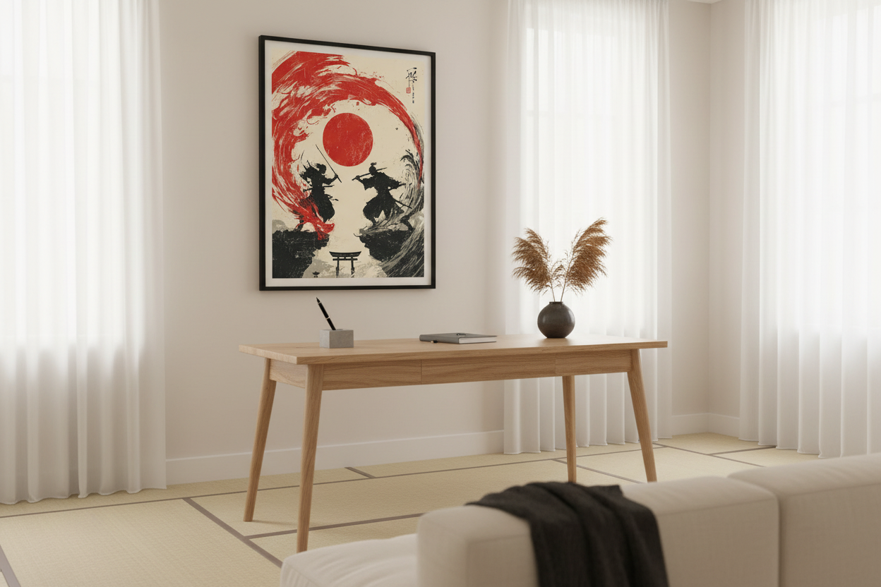 Japandi kontor med japansk plakat
