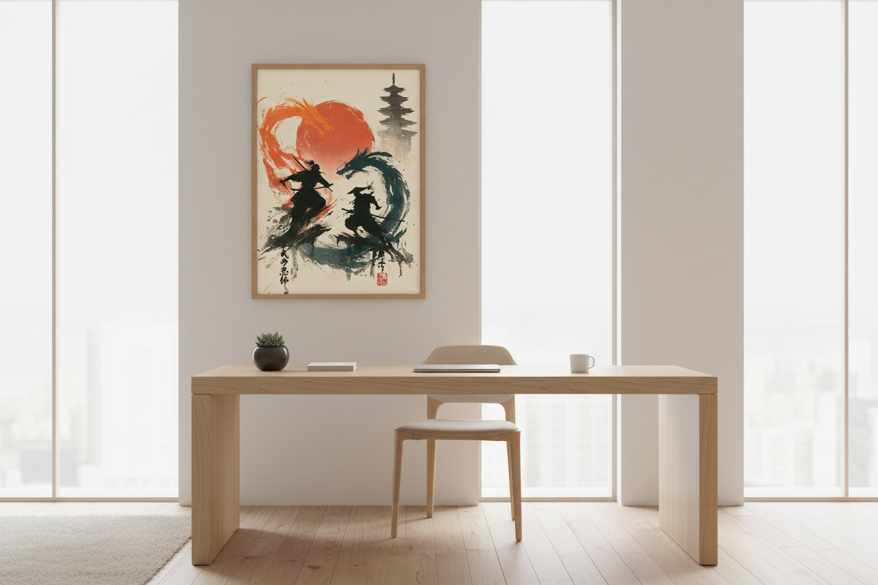 Japandi kontor med japansk plakat