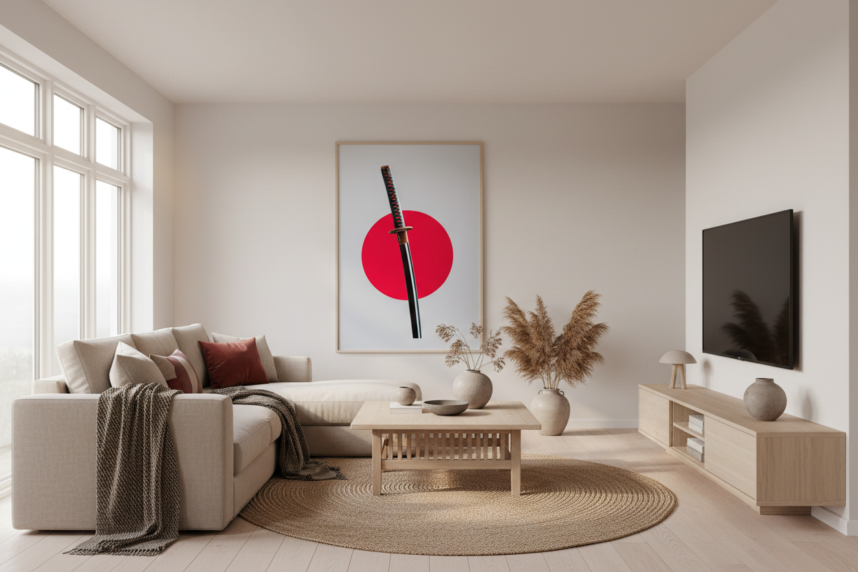 Japandi stue med japansk plakat