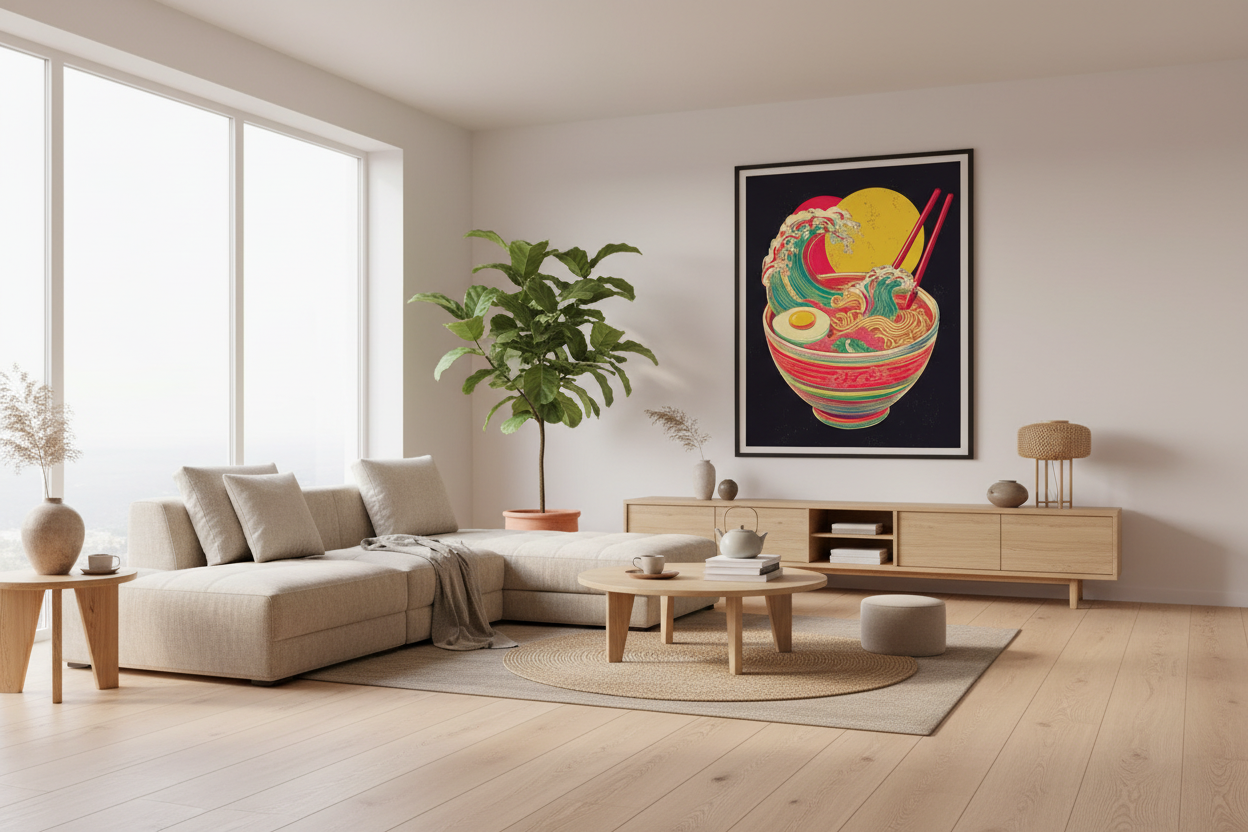 Japandi stue med japansk plakat