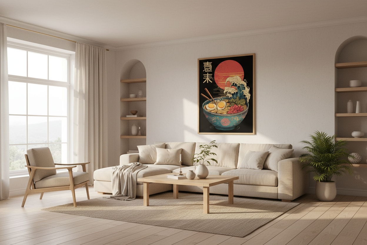 Japandi stue med japansk plakat