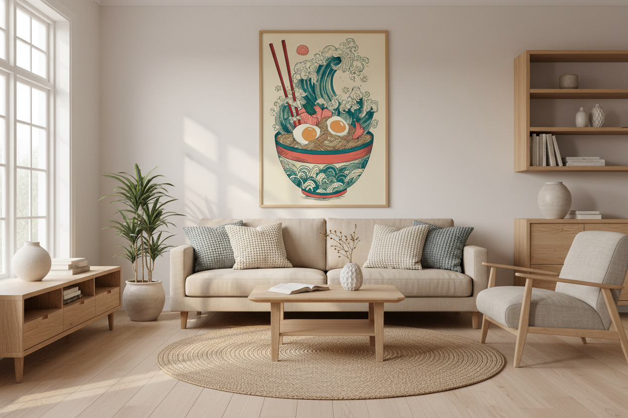 Japandi stue med japansk plakat