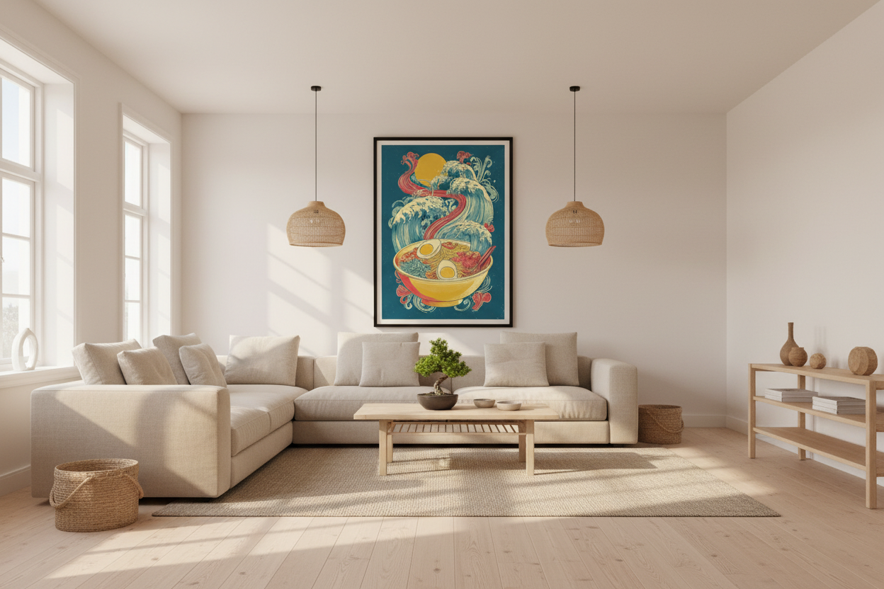 Japandi stue med japansk plakat