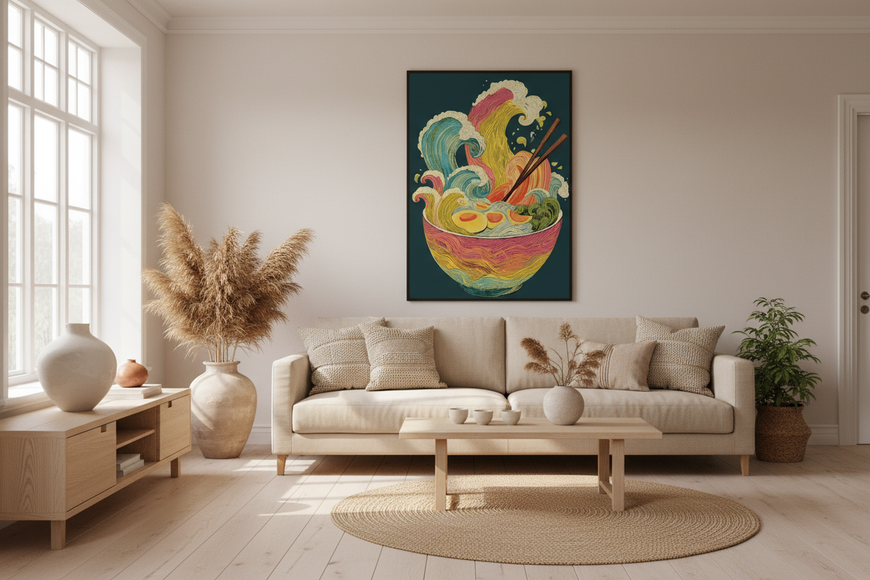 Japandi stue med japansk plakat