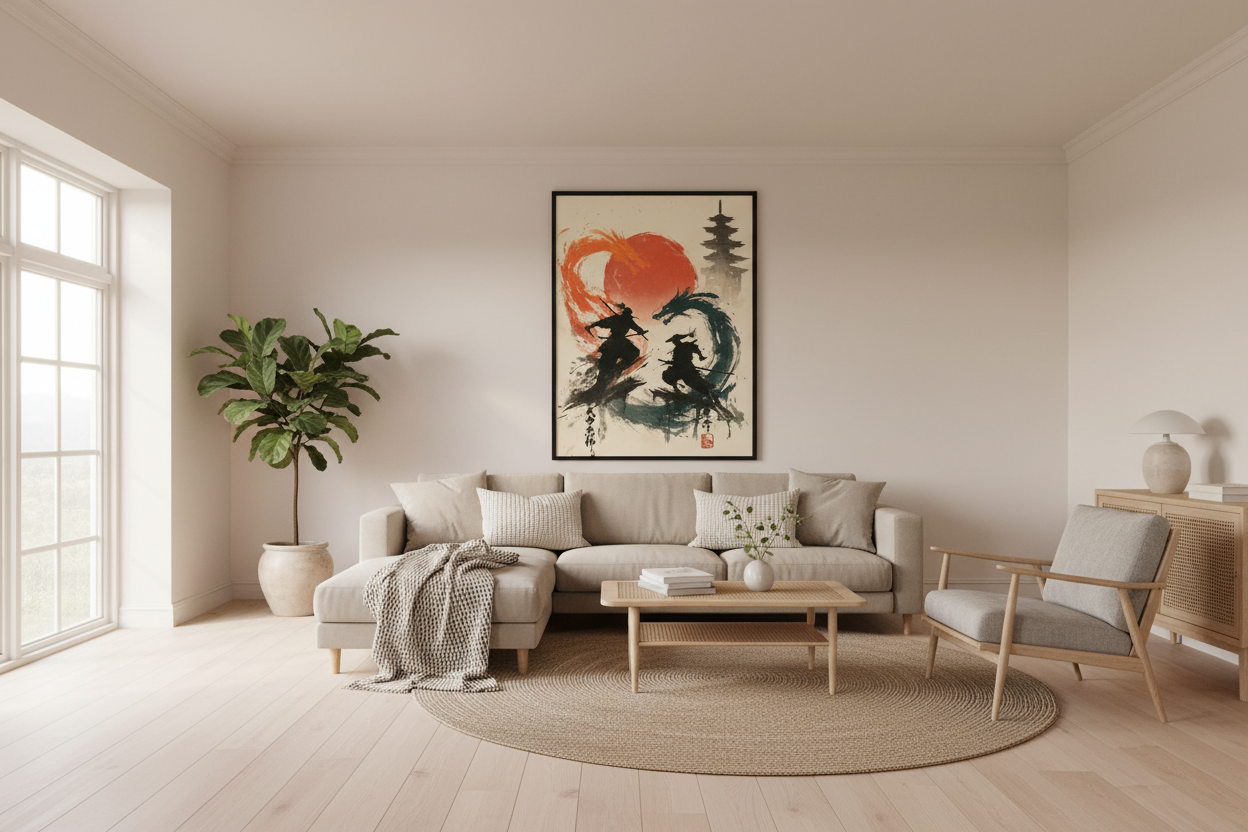 Japandi stue med japansk plakat