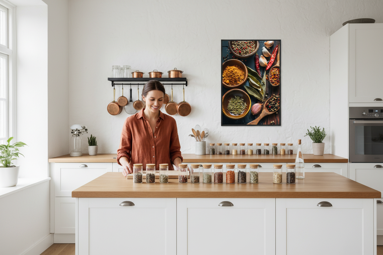 Krydderi Plakat 6 med en kunstnerisk illustration af krydderier og urter i varme jordtoner med rige røde, orange, gule og grønne nuancer. Et smagfuldt og dekorativt køkkenmotiv der tilføjer varme og karakter til køkkenet eller spisestuen.