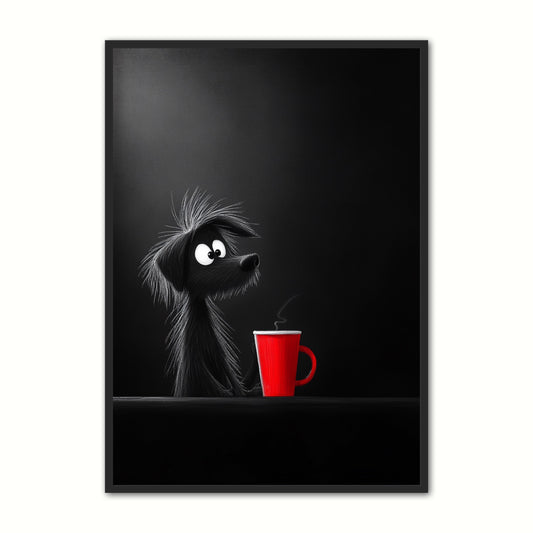 Kaffe Plakat 75 - Hund med Rød Kaffekop