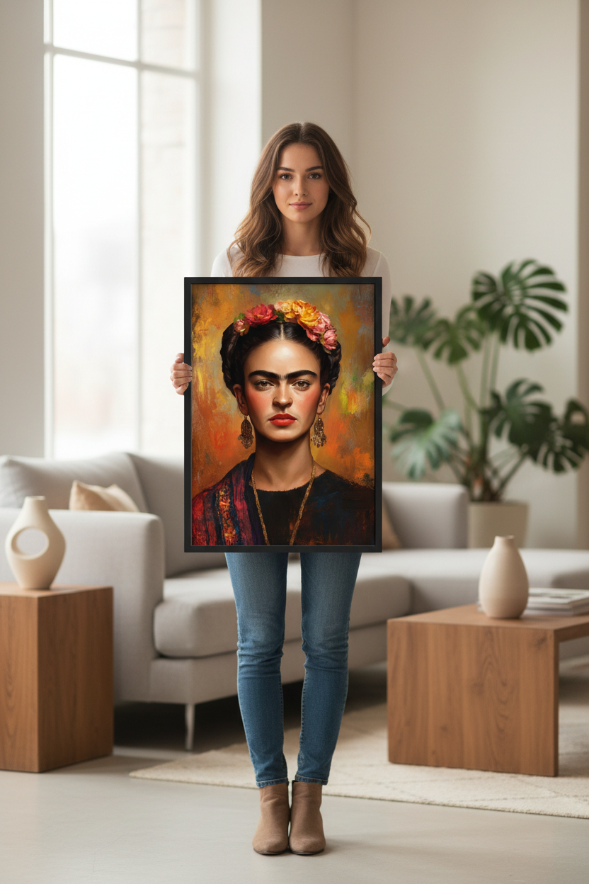 Kvinde holder Frida Kahlo plakat