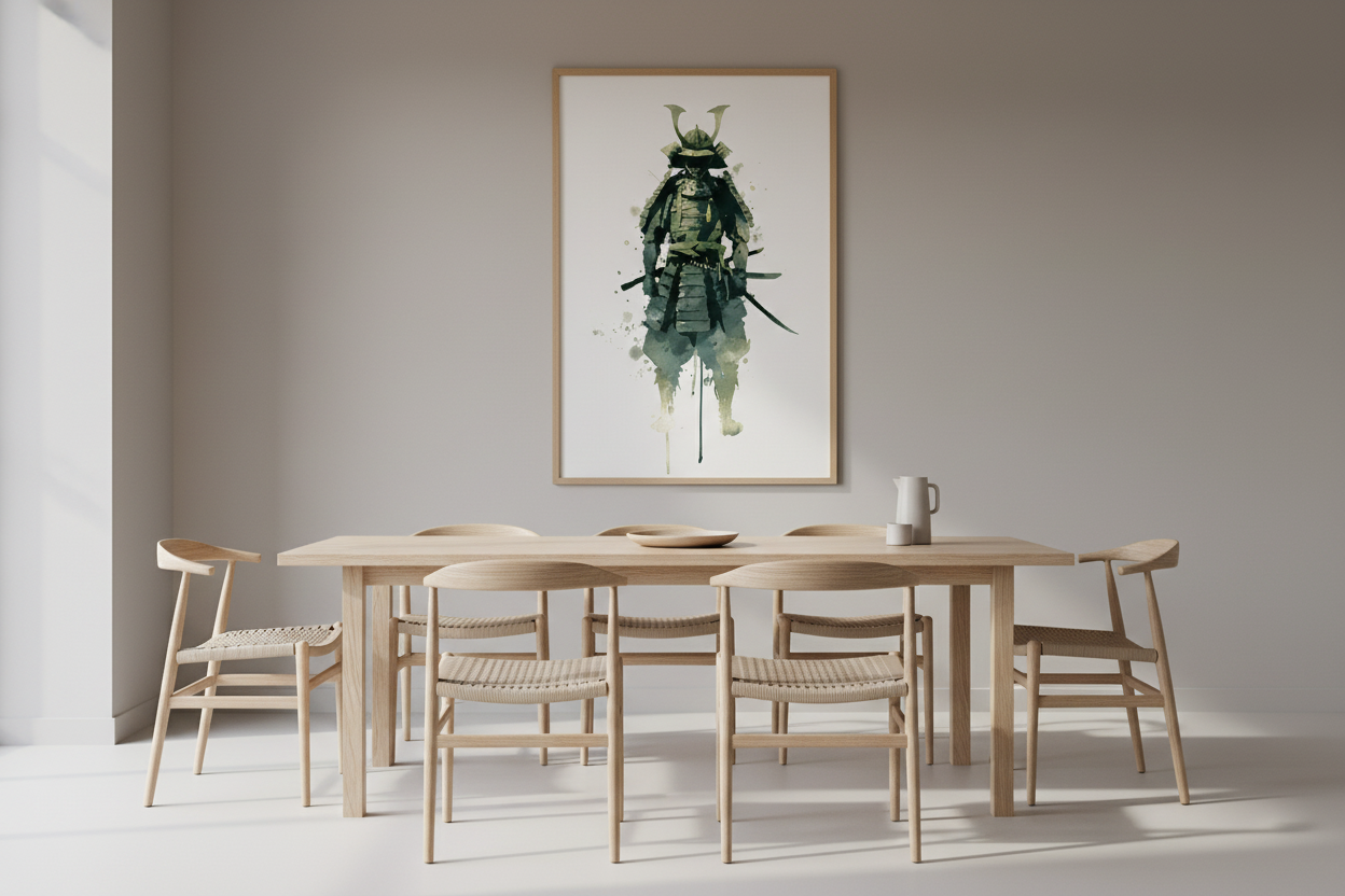 Minimalistisk spisestue med japansk plakat