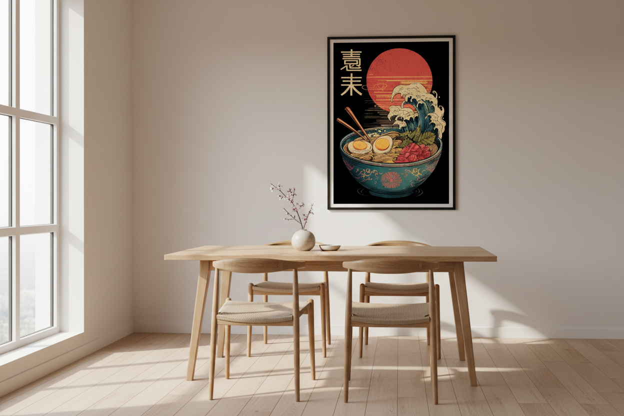 Minimalistisk spisestue med japansk plakat
