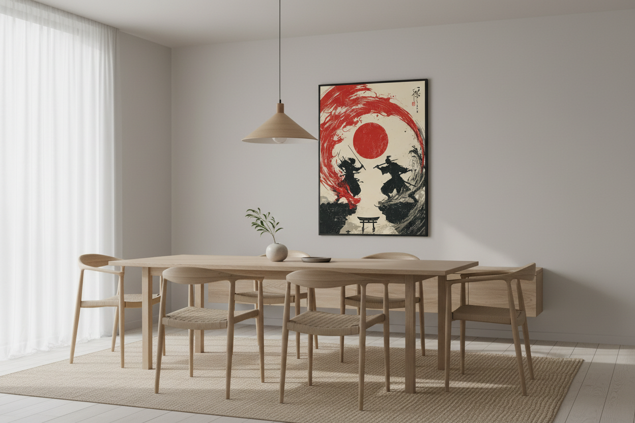 Minimalistisk spisestue med japansk plakat