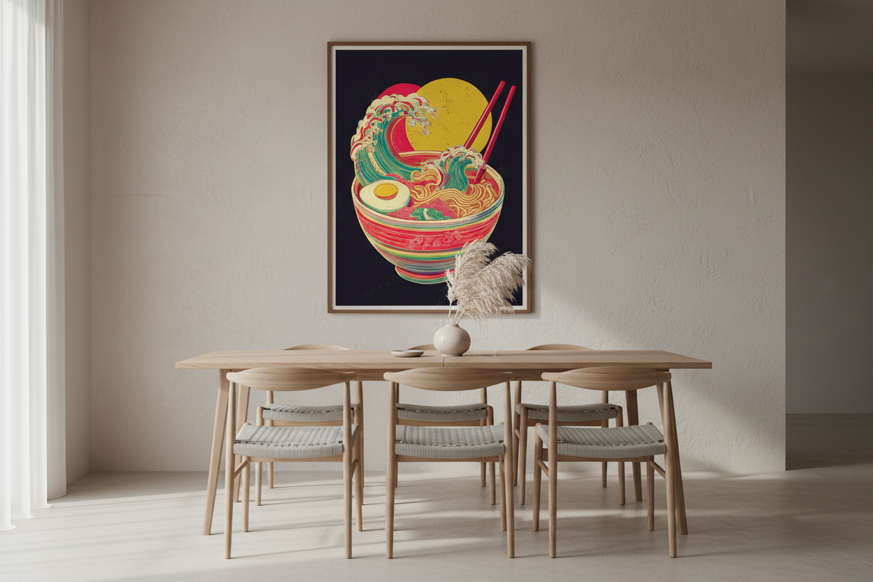 Minimalistisk spisestue med japansk plakat