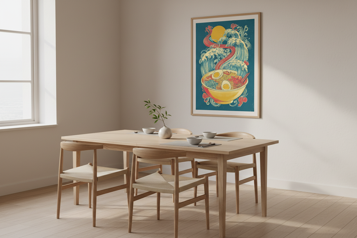 Minimalistisk spisestue med japansk plakat
