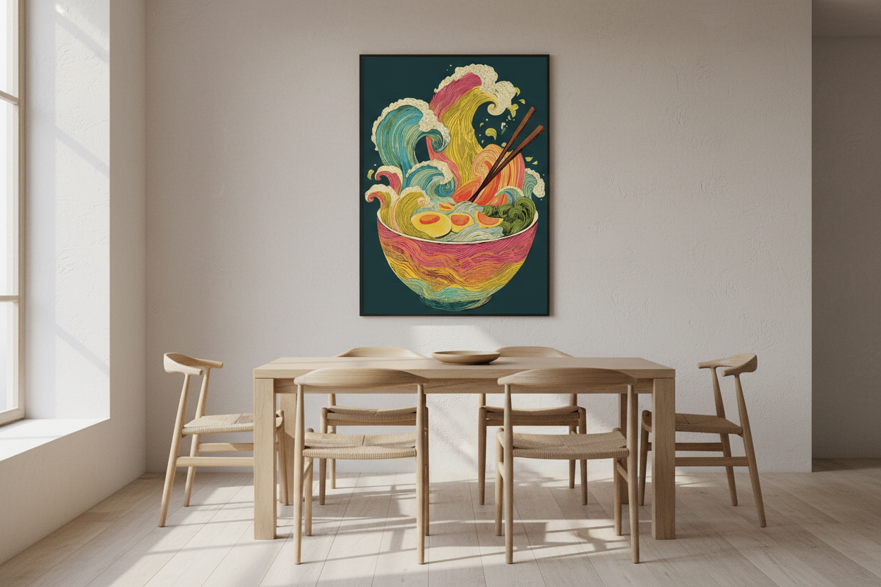 Minimalistisk spisestue med japansk plakat