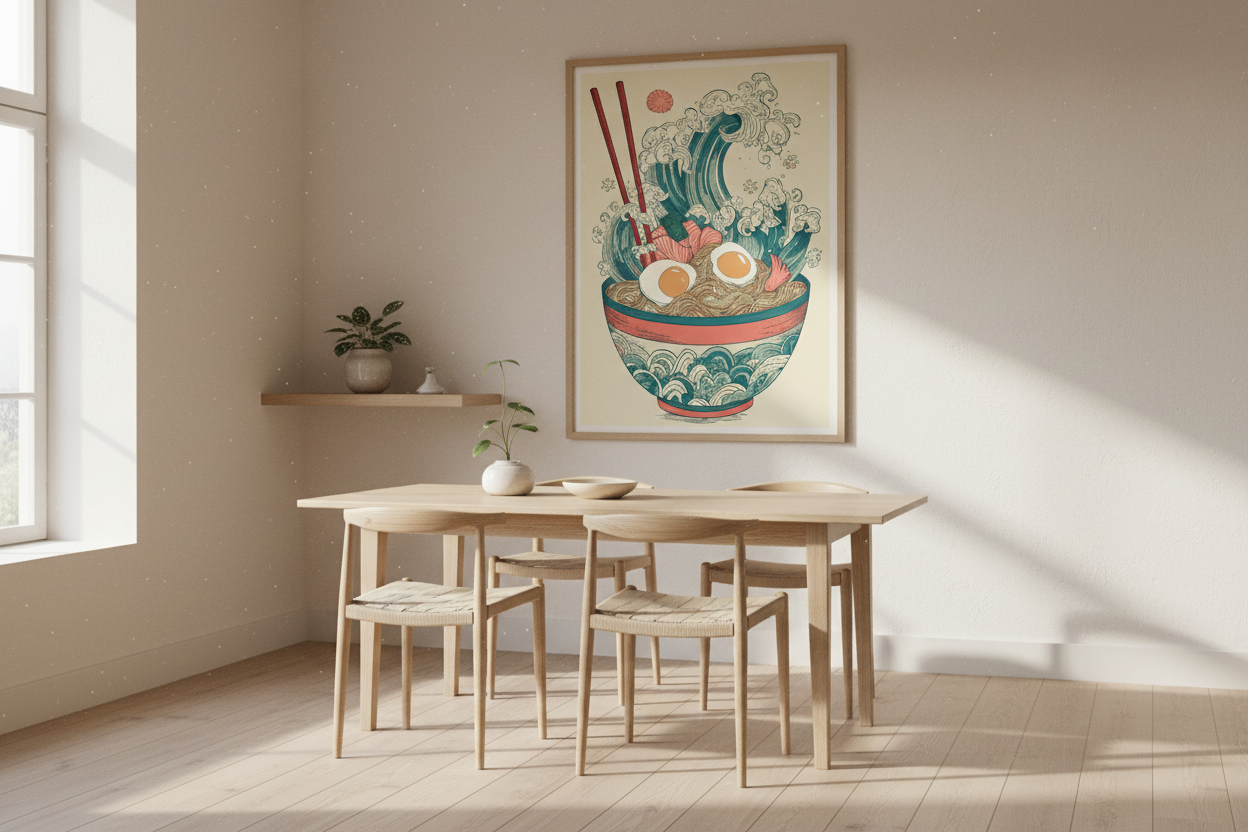 Minimalistisk spisestue med japansk plakat