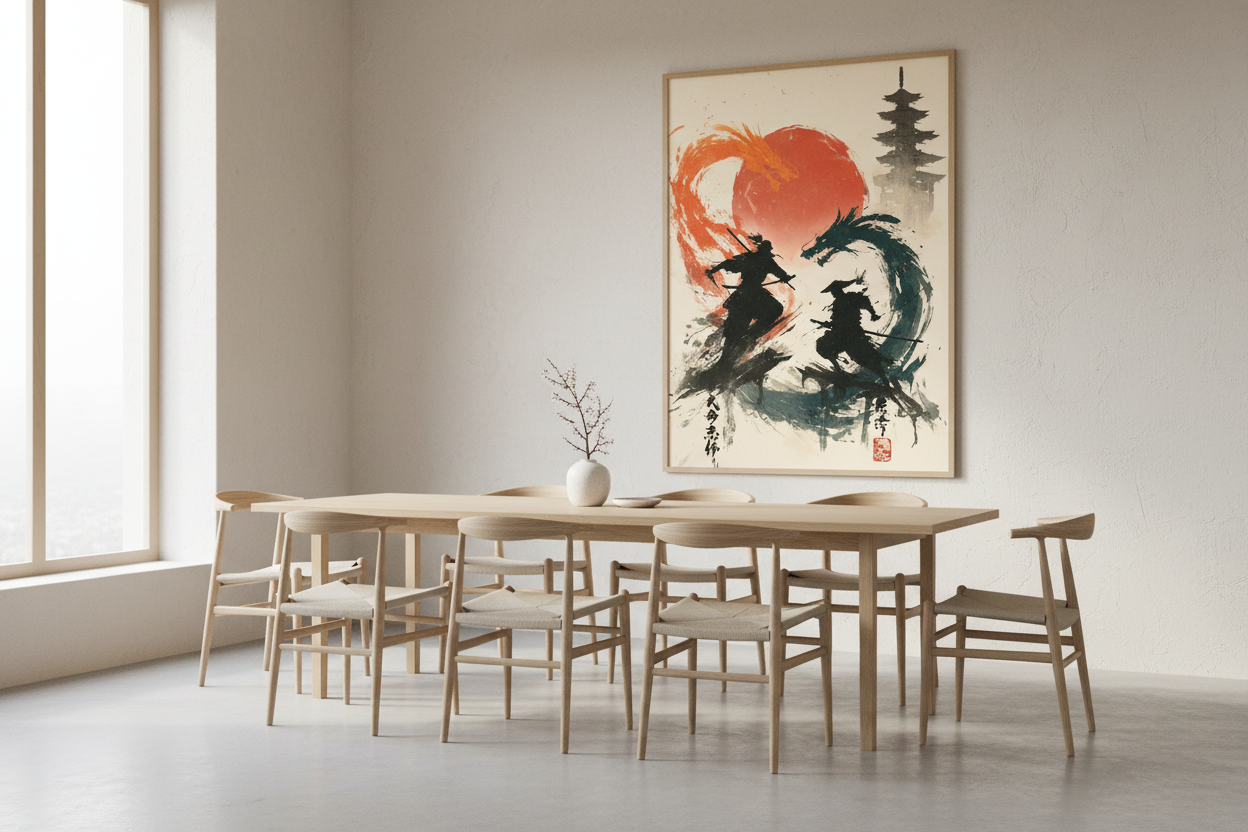 Minimalistisk spisestue med japansk plakat
