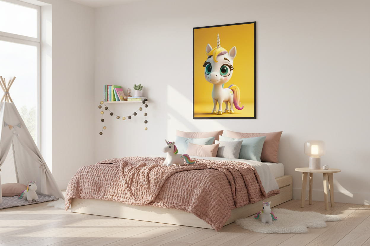 Moderne skandinavisk børneværelse med enhjørning plakat