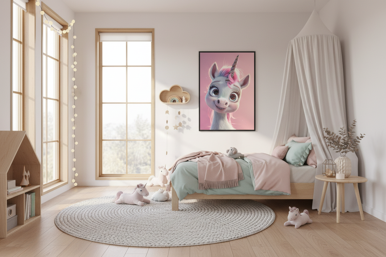 Moderne skandinavisk børneværelse med enhjørning plakat