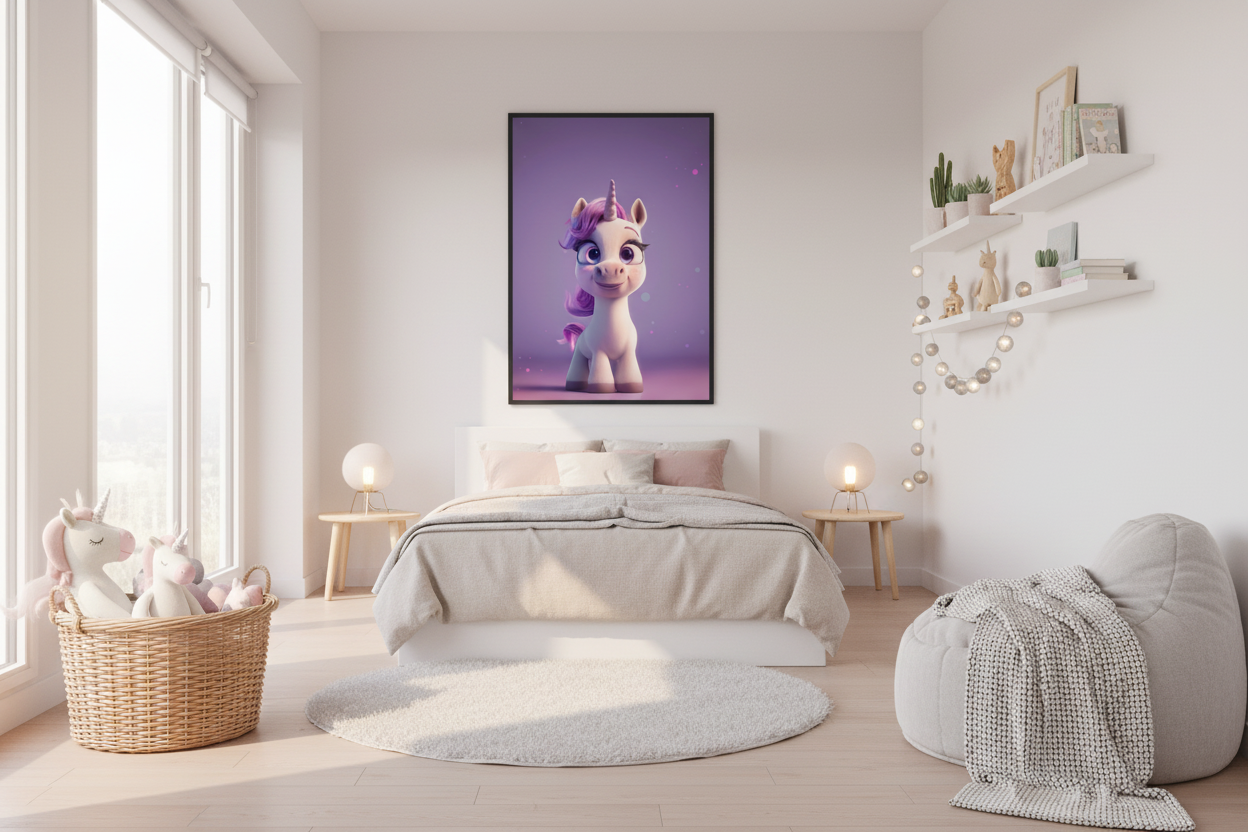 Moderne skandinavisk børneværelse med enhjørning plakat