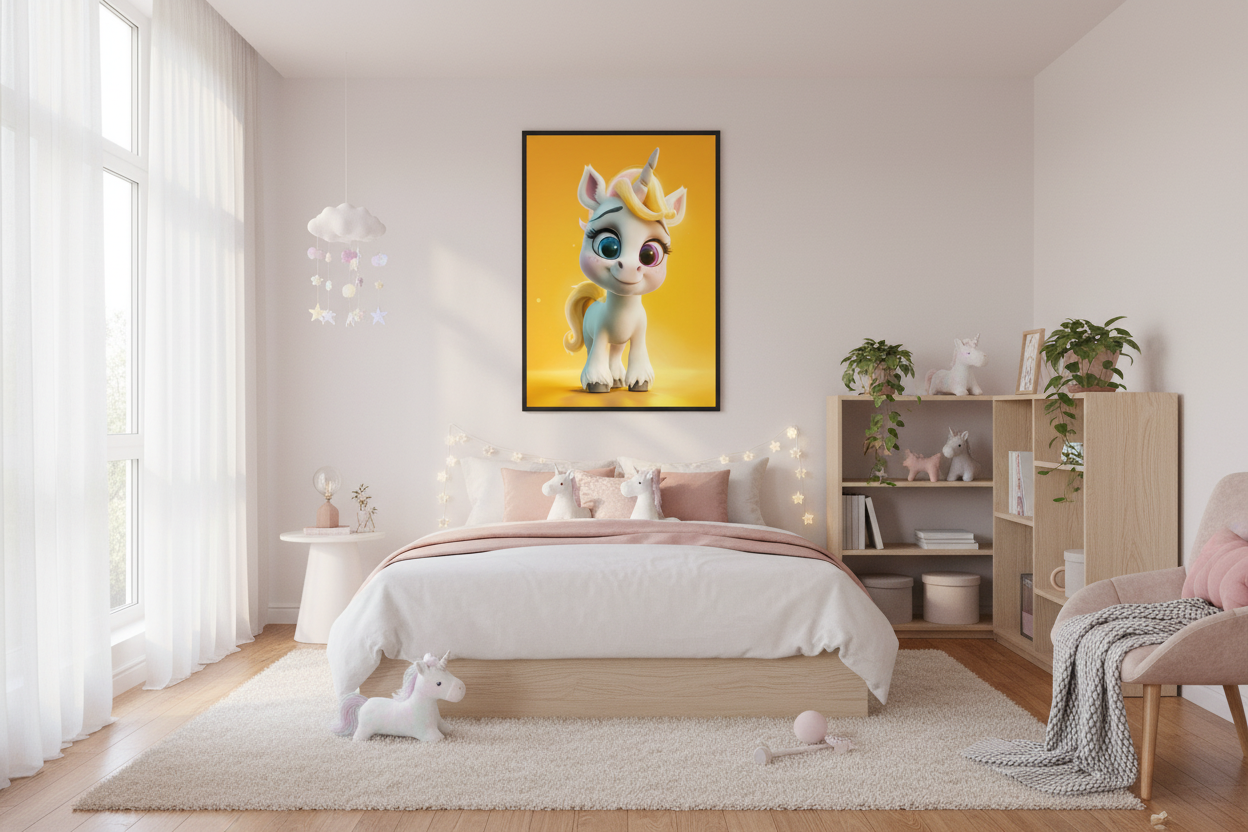 Moderne skandinavisk børneværelse med enhjørning plakat