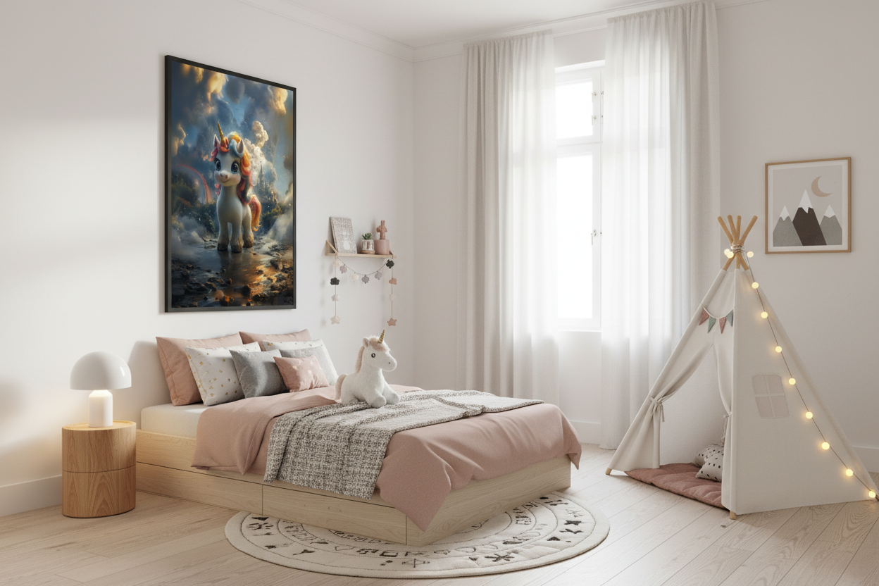 Moderne skandinavisk børneværelse med enhjørning plakat