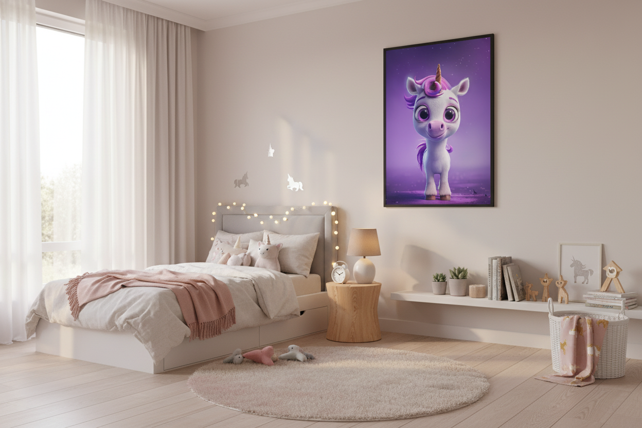 Moderne skandinavisk børneværelse med enhjørning plakat