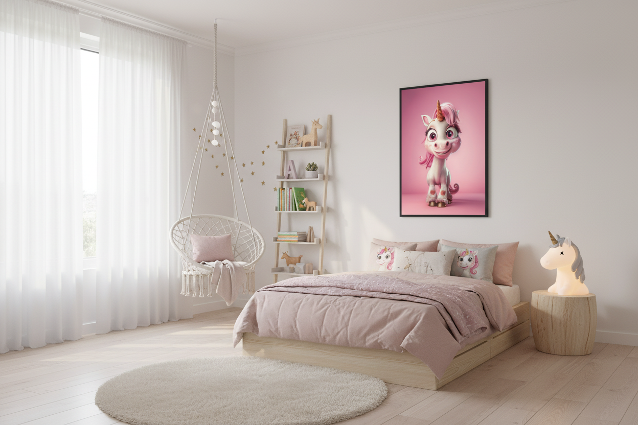 Moderne skandinavisk børneværelse med enhjørning plakat