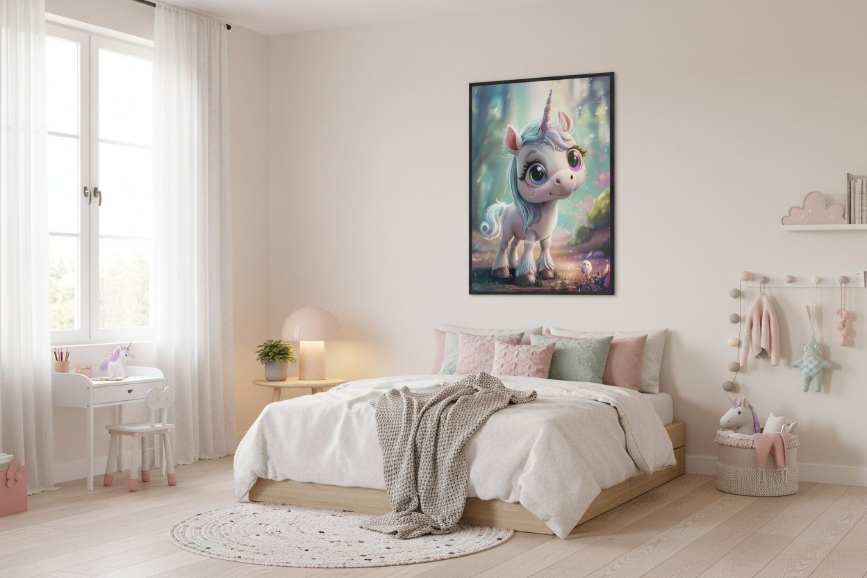 Moderne skandinavisk børneværelse med enhjørning plakat