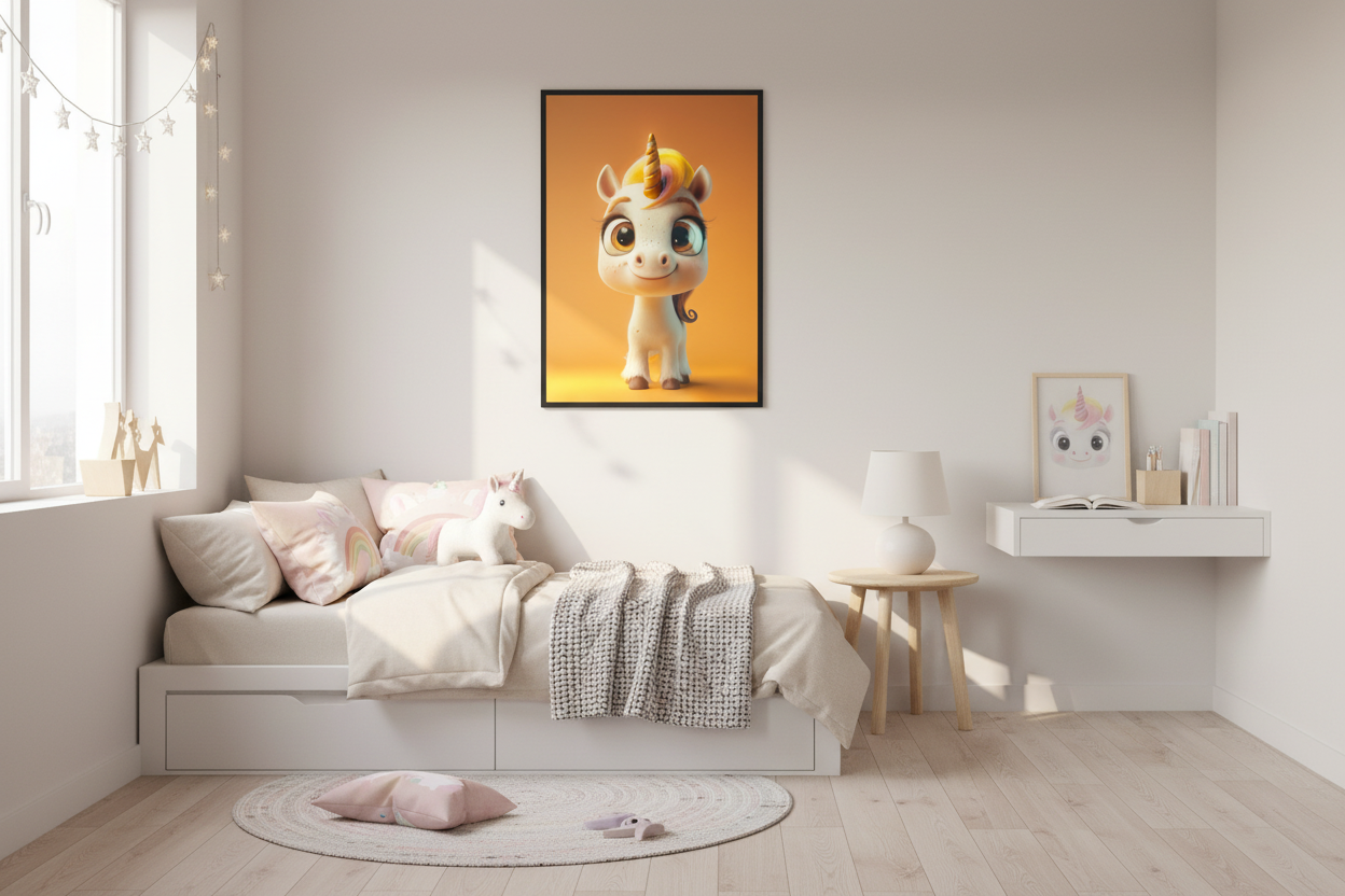 Moderne skandinavisk børneværelse med enhjørning plakat
