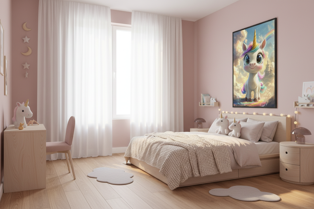 Moderne skandinavisk børneværelse med enhjørning plakat