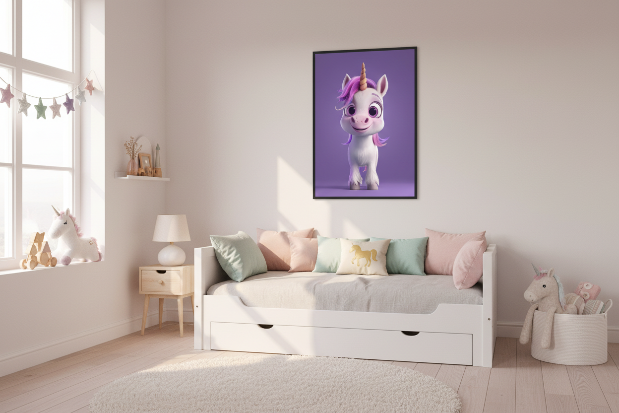 Moderne skandinavisk børneværelse med enhjørning plakat