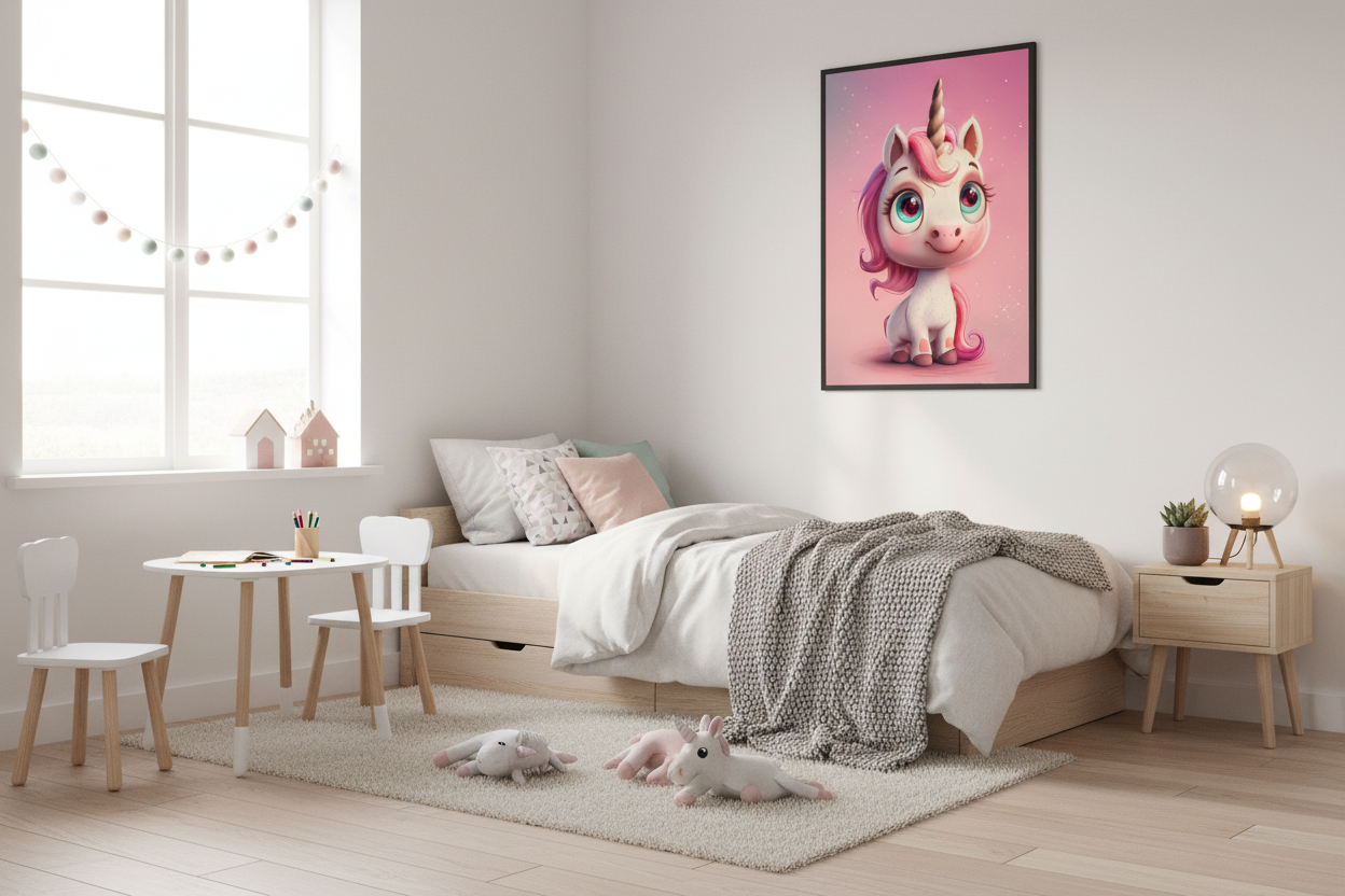 Moderne skandinavisk børneværelse med enhjørning plakat