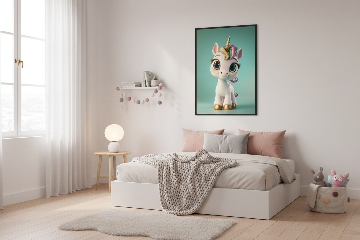Moderne skandinavisk børneværelse med enhjørning plakat