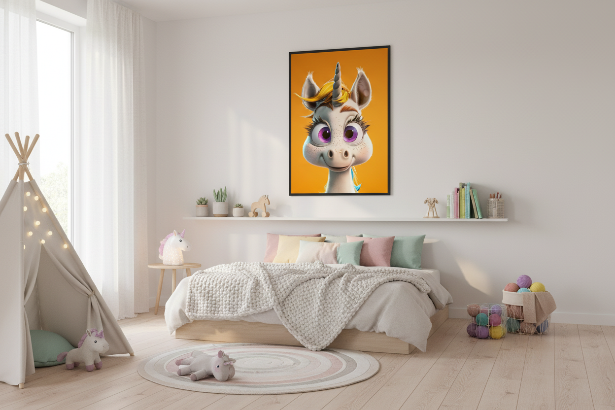 Moderne skandinavisk børneværelse med enhjørning plakat