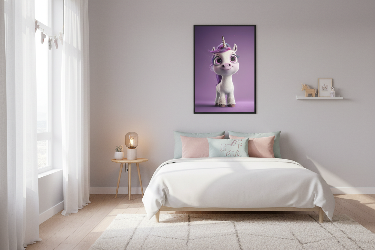 Moderne skandinavisk børneværelse med enhjørning plakat