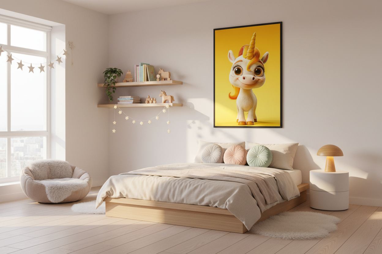 Moderne skandinavisk børneværelse med enhjørning plakat