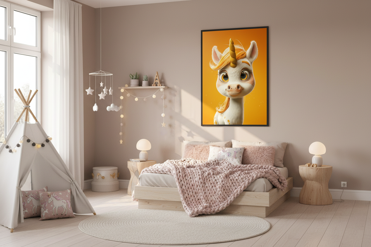 Moderne skandinavisk børneværelse med enhjørning plakat