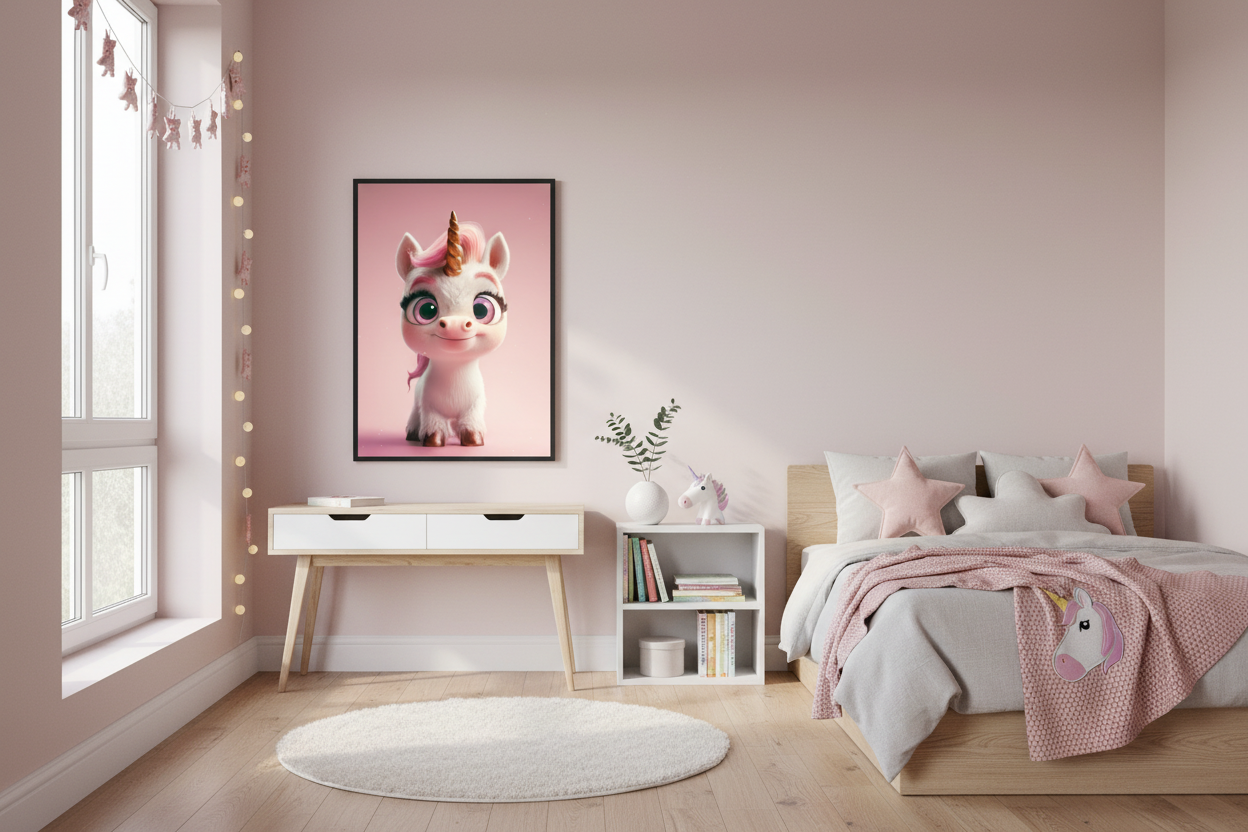 Moderne skandinavisk børneværelse med enhjørning plakat