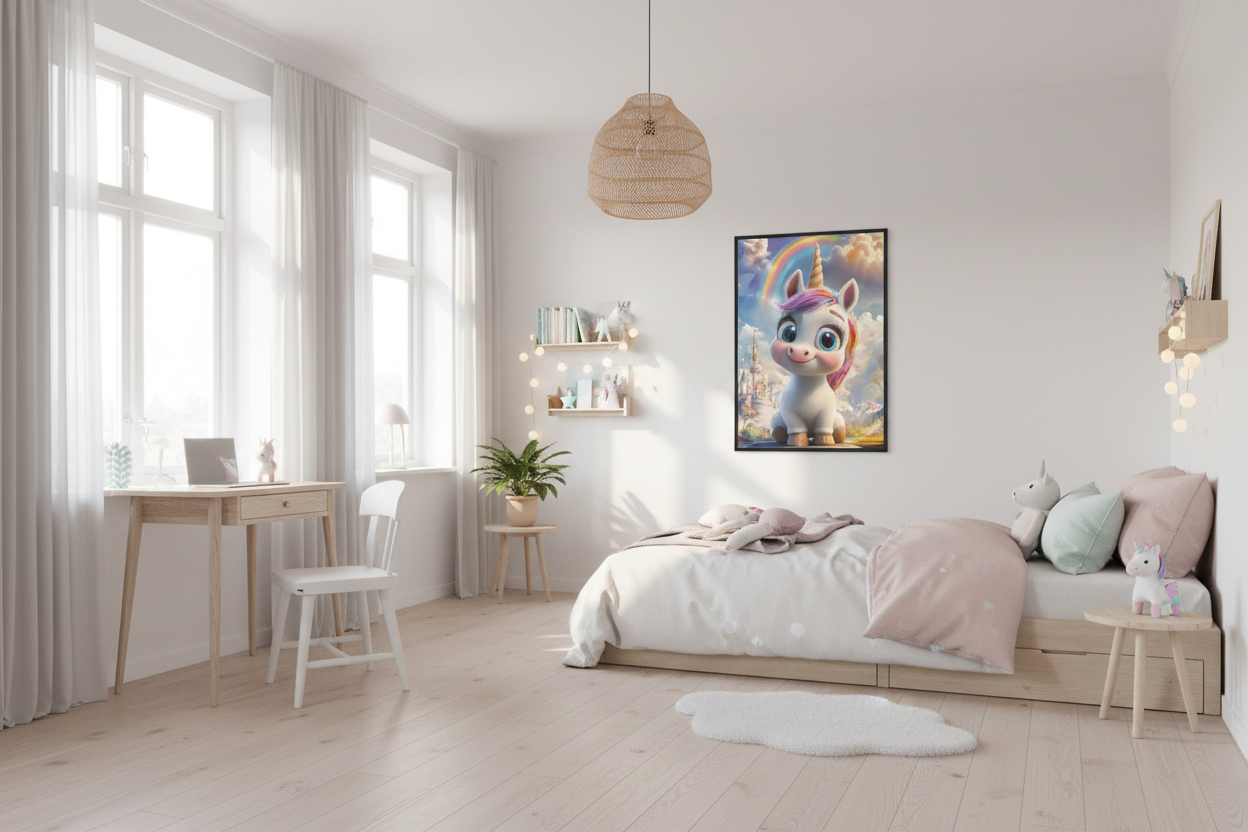 Moderne skandinavisk børneværelse med enhjørning plakat