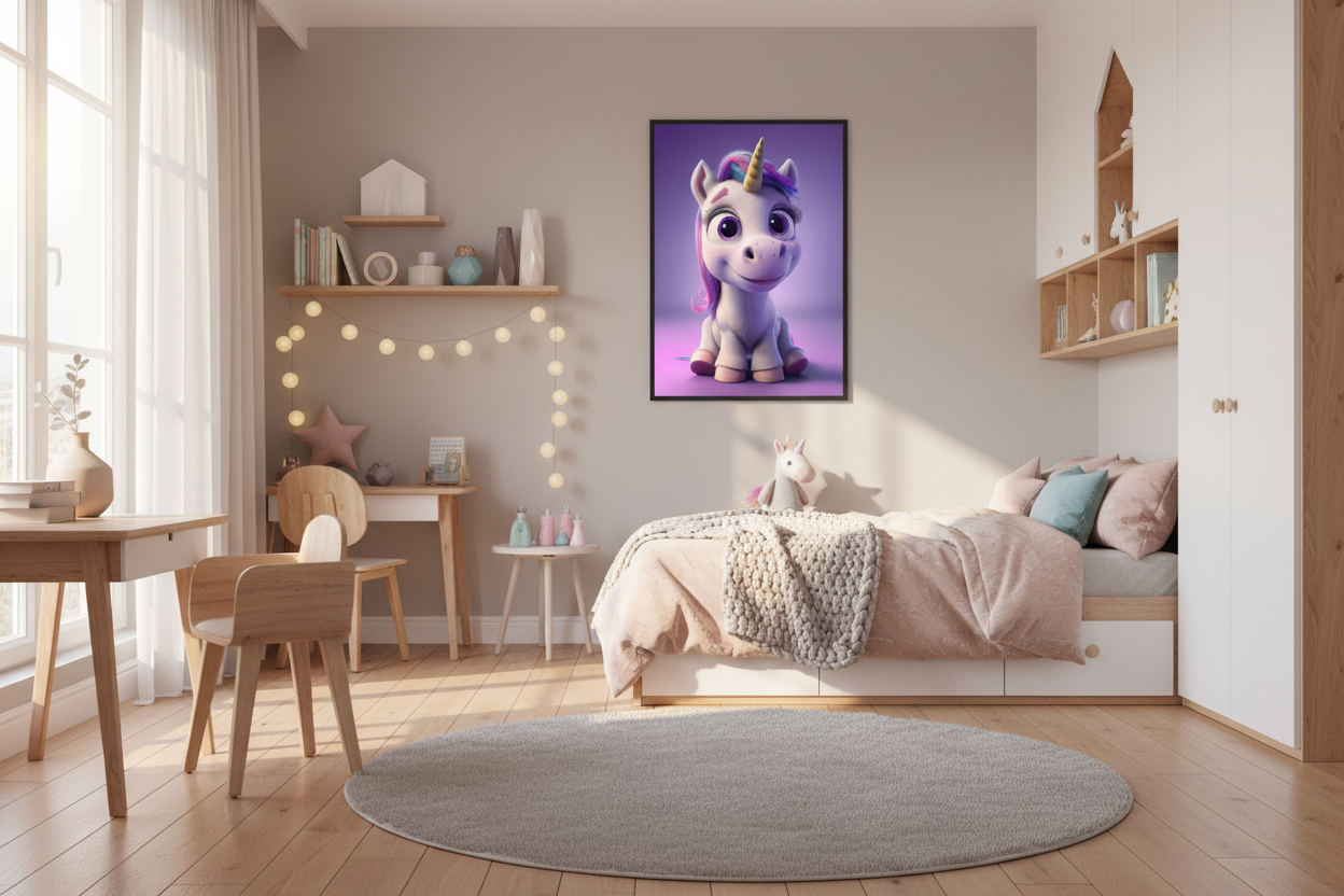 Moderne skandinavisk børneværelse med enhjørning plakat