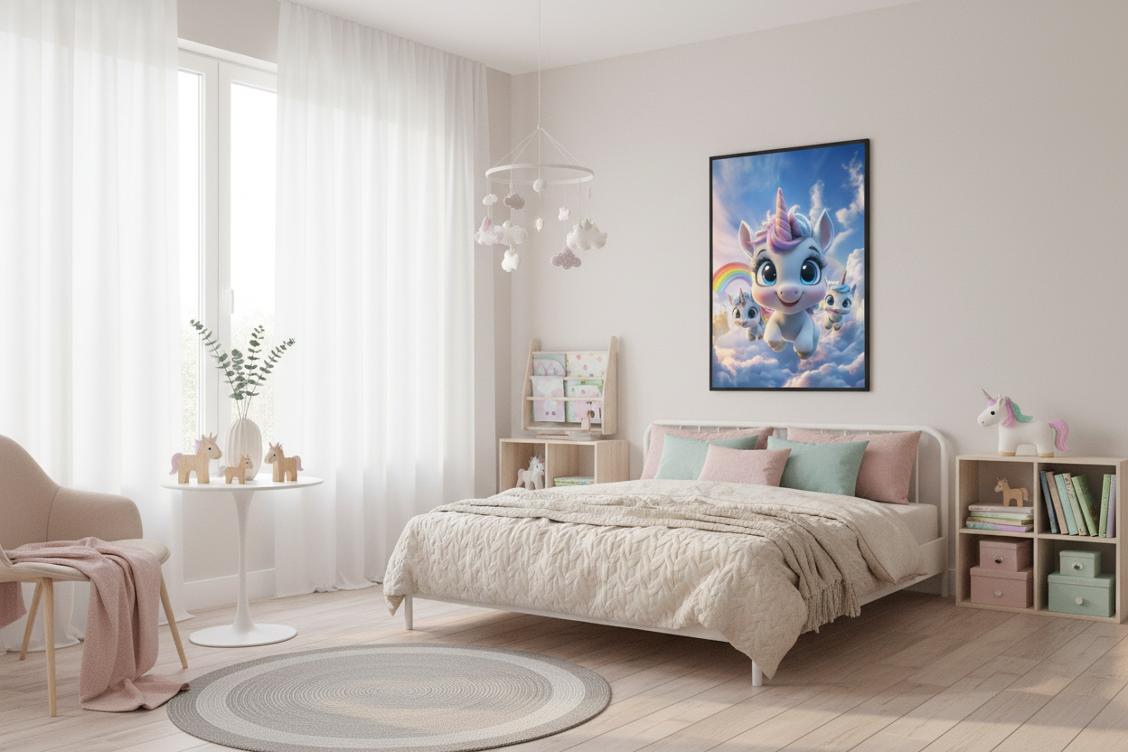 Moderne skandinavisk børneværelse med enhjørning plakat
