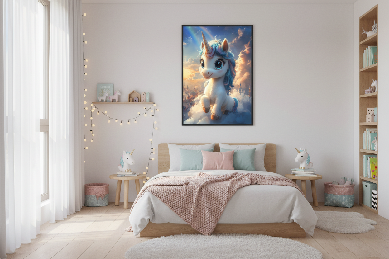 Moderne skandinavisk børneværelse med enhjørning plakat