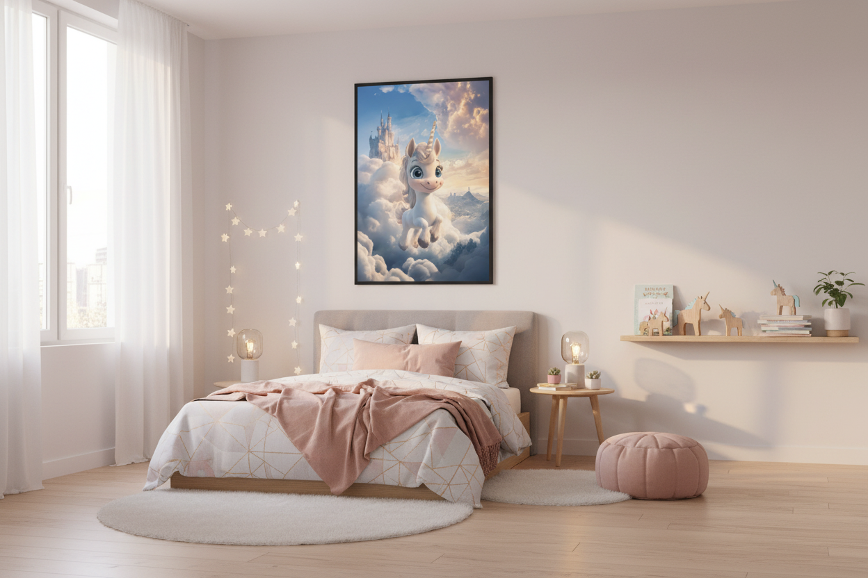 Moderne skandinavisk børneværelse med enhjørning plakat